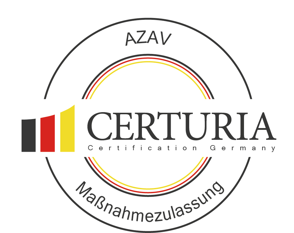 Logo mit schwarzen, roten und gelben Balken sowie den Worten Maßnahmezulassung und Certification Germany.