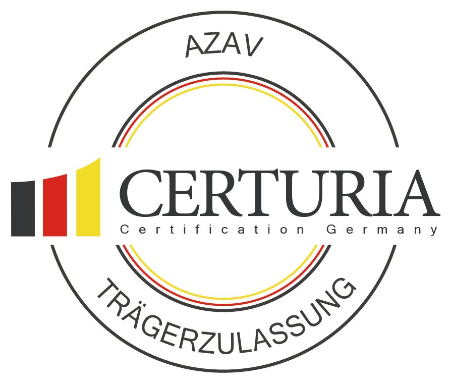 Rundes Certuria-Zertifizierungslogo mit Deutschlandfarben und Text AZAV Trägerzulassung Certification Germany.