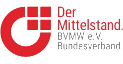 Rotes, rundes Logo mit vier Quadraten und dem Schriftzug Der Mittelstand BVMW e.V. Bundesverband auf Weiß.