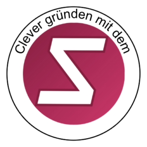 Magenta Kreis mit weißem, eckigem Sigma-Symbol und dem Schriftzug "Clever gründen mit dem" am oberen Rand.