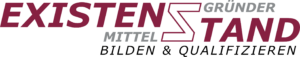 Logo mit burgundrotem und grauem Schriftzug "Existenzgründer Mittelstand Bilden & Qualifizieren" auf weißem Hintergrund.